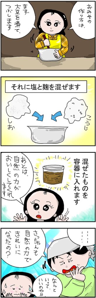 お味噌の作り方は、大豆を煮て、つぶす。それに麹と塩を混ぜる。簡単にお味噌の作り方を説明した４コマ漫画